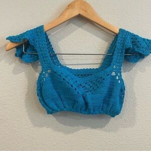 Andi Bagus blue ruffle sleeve crochet crop top swim top fits small/medium